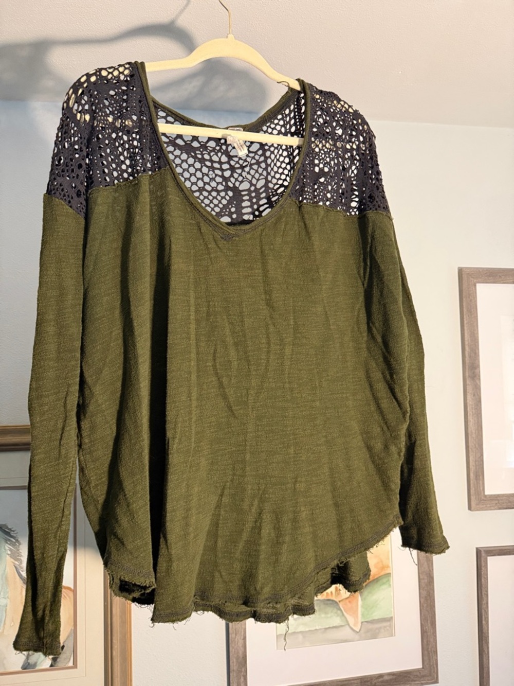 We The Free Olive Green Long Sleeve Top with Black Crochet grunge accents Cotton